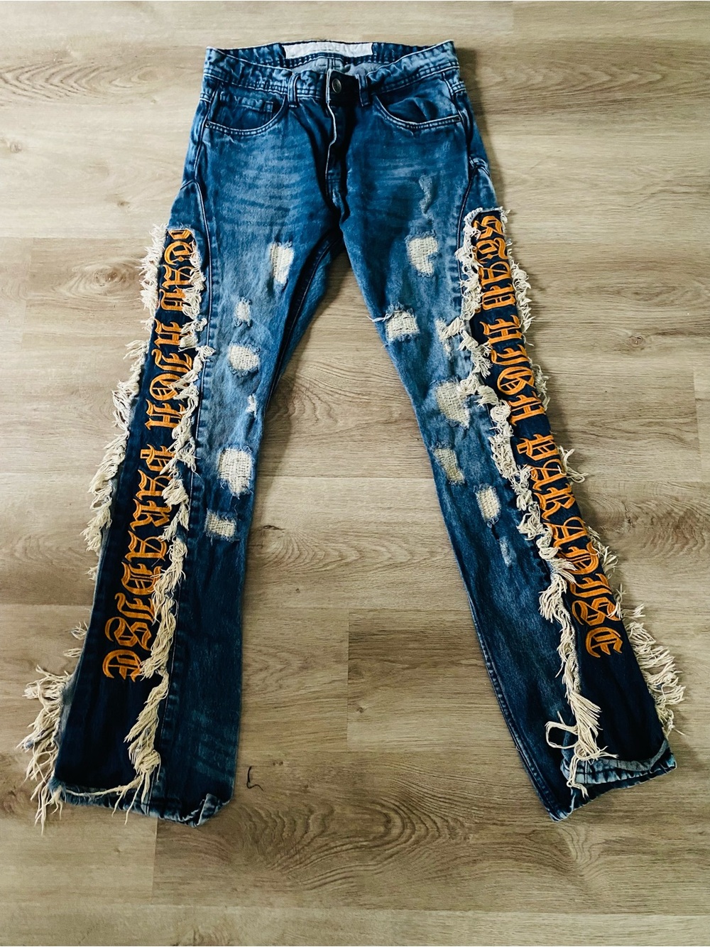 Fringed Distressed Blue Denim Jeans with Orange Side Script